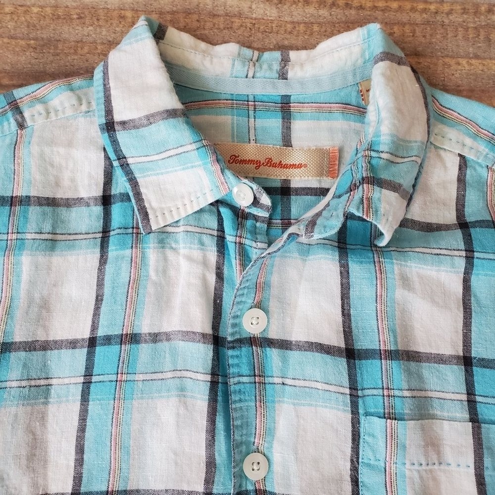 Tommy Bahama Men's 100% Linen Shirt Medium Camp Casual Button-Down Turquoise EUC